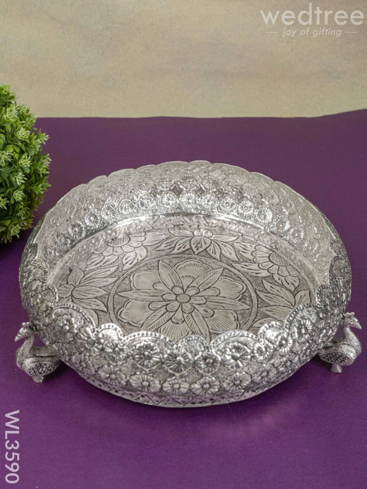 German Silver Antique Floral Urli with Peacock Stand - 11 inch