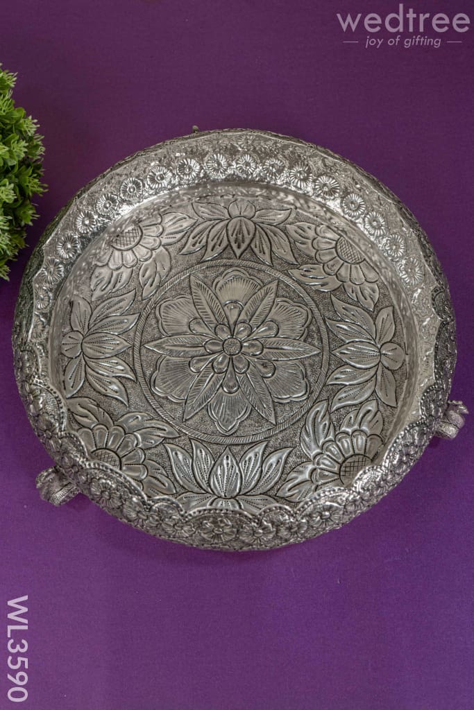 German Silver Antique Floral Urli with Peacock Stand - 11 inch