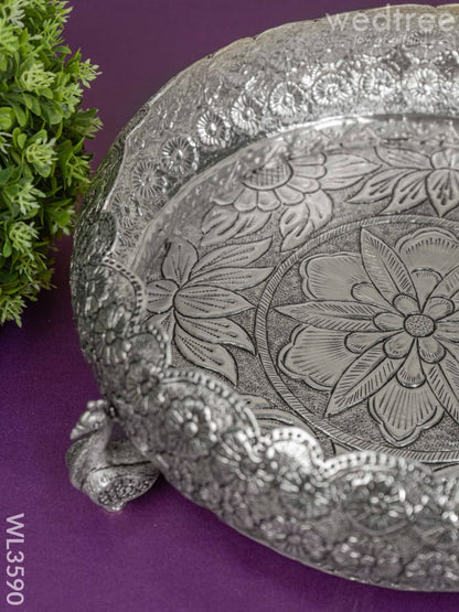 German Silver Antique Floral Urli with Peacock Stand - 11 inch