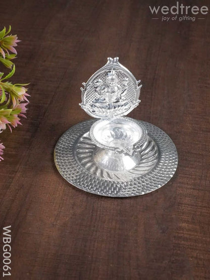 German Silver Kamakshi Diya on Plate