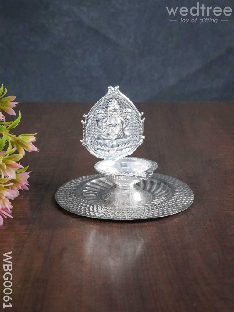 German Silver Kamakshi Diya on Plate