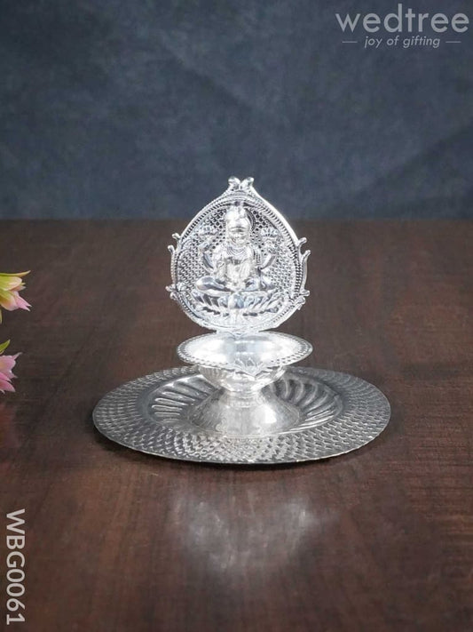 German Silver Kamakshi Diya on Plate