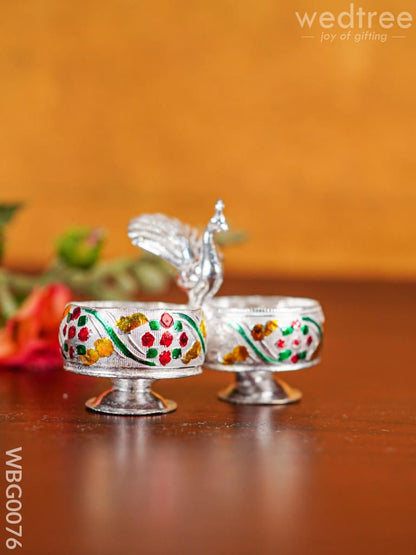 German Silver Kumkum Holder with Meenakari Design Embossed