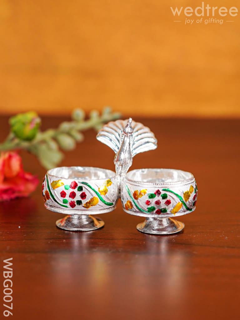 German Silver Kumkum Holder with Meenakari Design Embossed