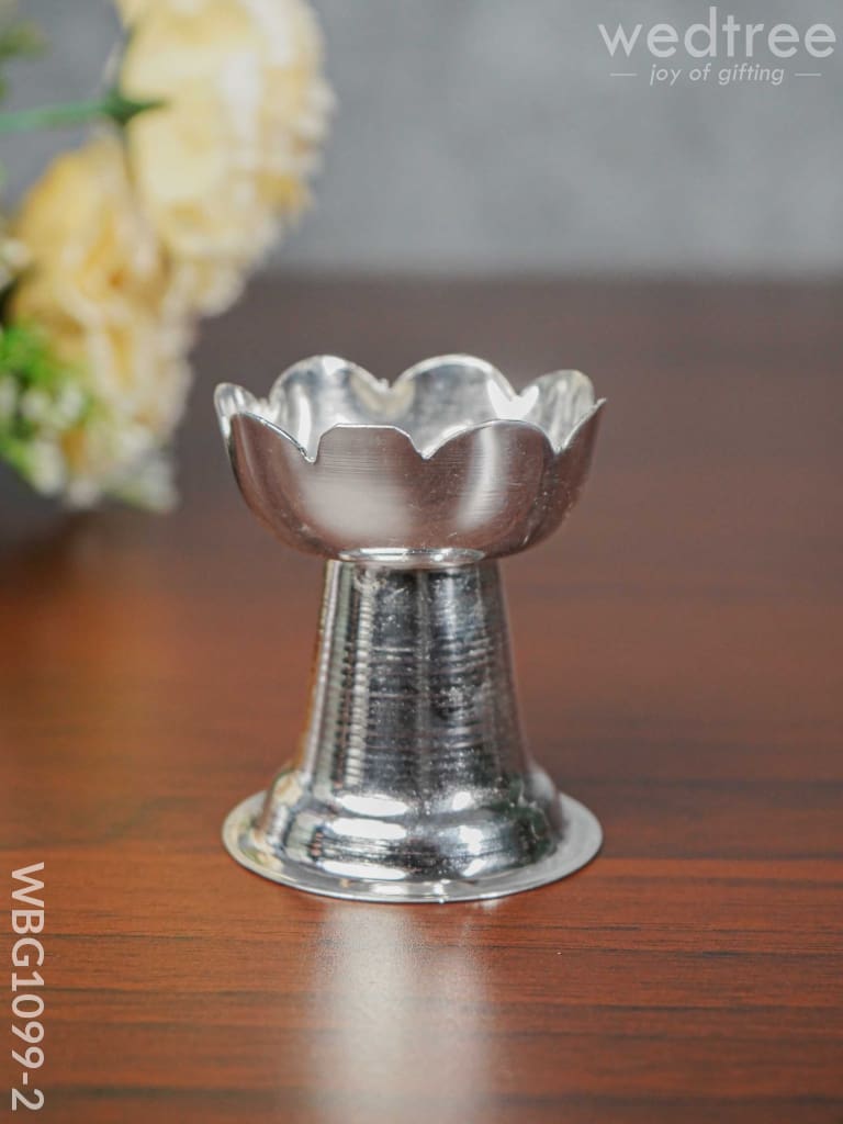 German Silver Lotus Shaped Diya with Stand