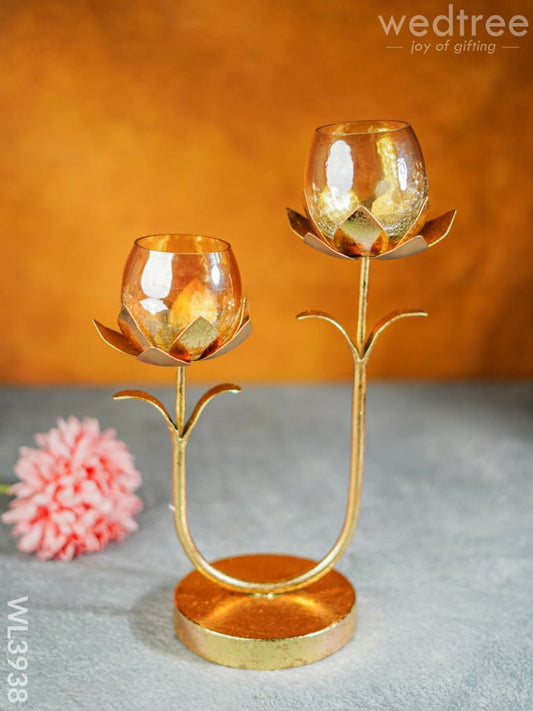 Gold Foil Stand with 2 Cracked Glass Candle Holder