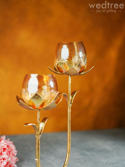 Gold Foil Stand with 2 Cracked Glass Candle Holder