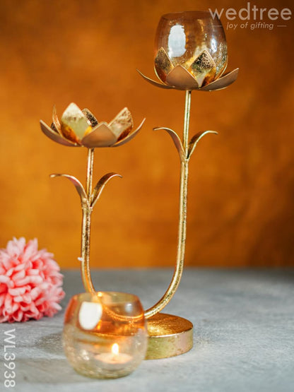 Gold Foil Stand with 2 Cracked Glass Candle Holder