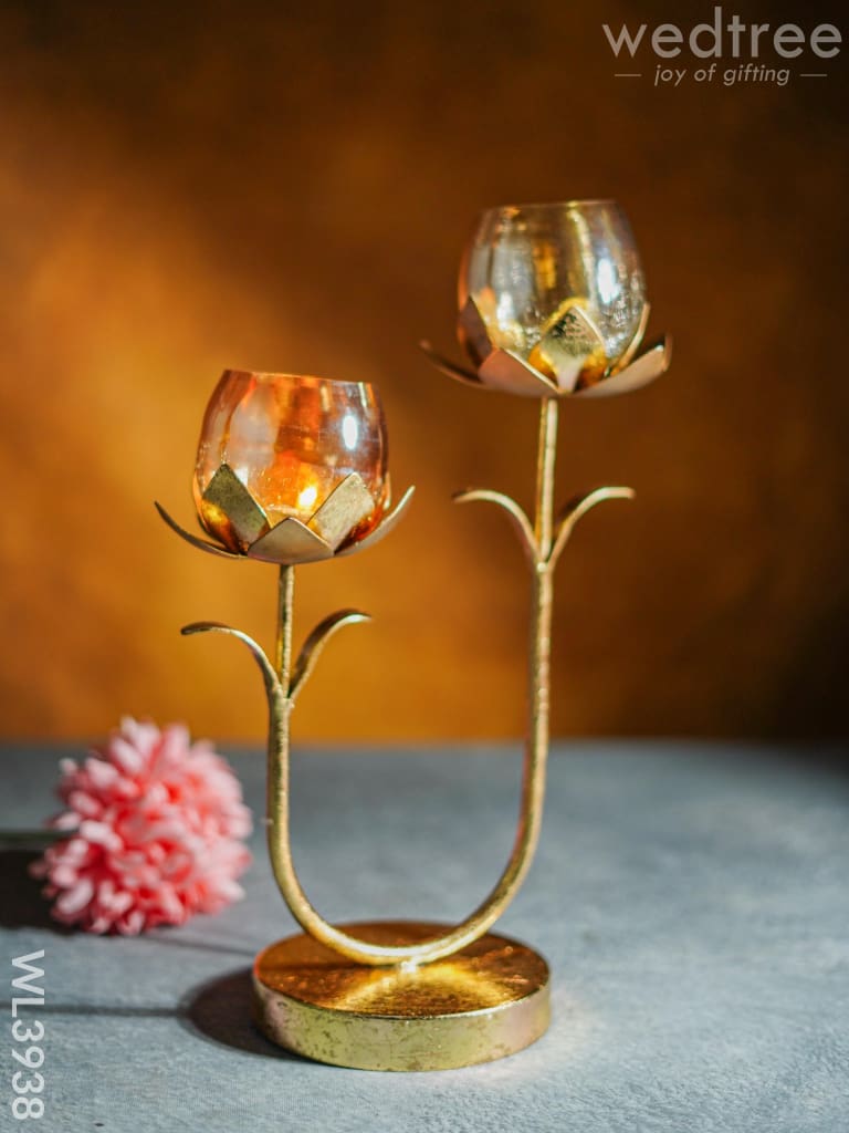 Gold Foil Stand with 2 Cracked Glass Candle Holder