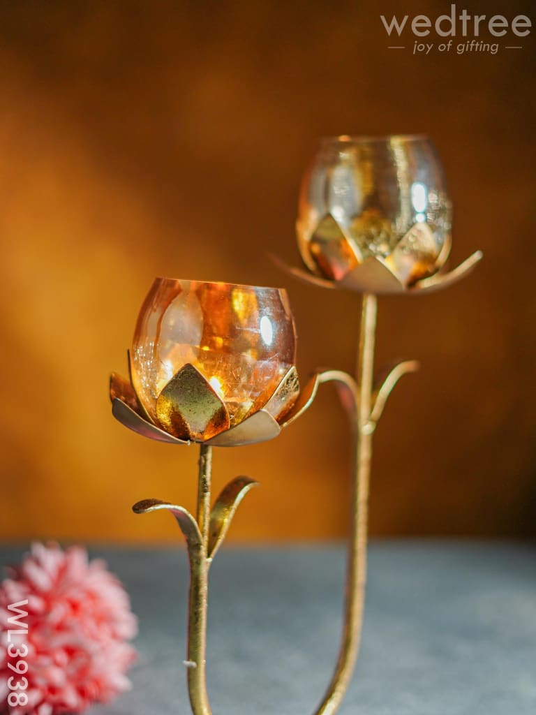 Gold Foil Stand with 2 Cracked Glass Candle Holder