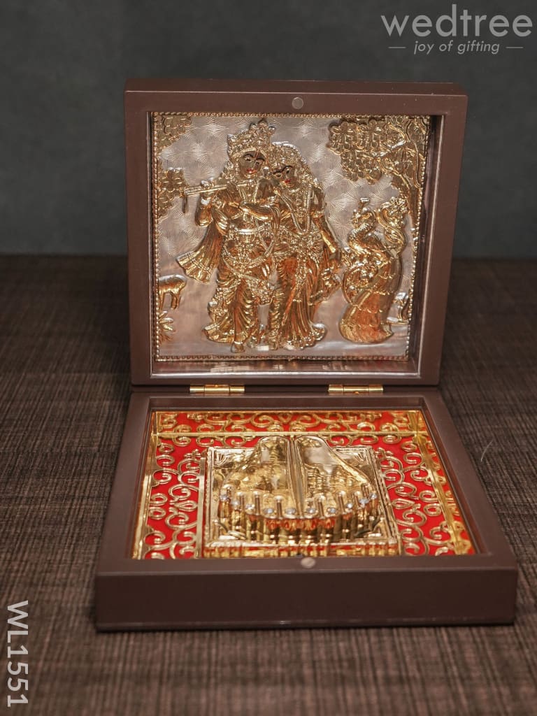 Gold Plated Paduka Prayer Box Small -Radhe Krishna with Peacock