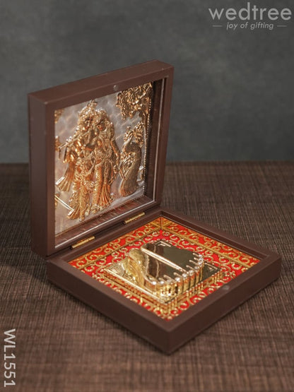 Gold Plated Paduka Prayer Box Small -Radhe Krishna with Peacock