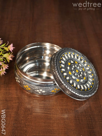 Gold White Oxidised Poori Box - 5 inches