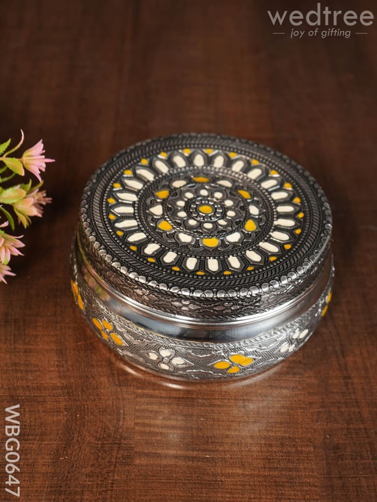 Gold White Oxidised Poori Box - 5 inches