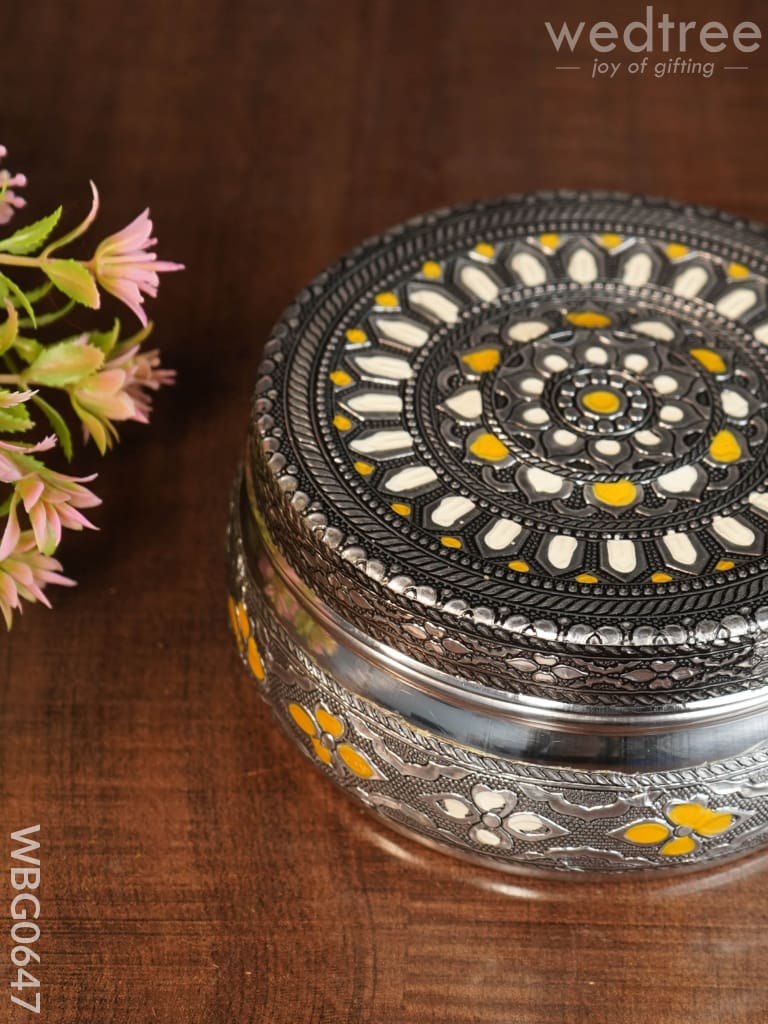 Gold White Oxidised Poori Box - 5 inches