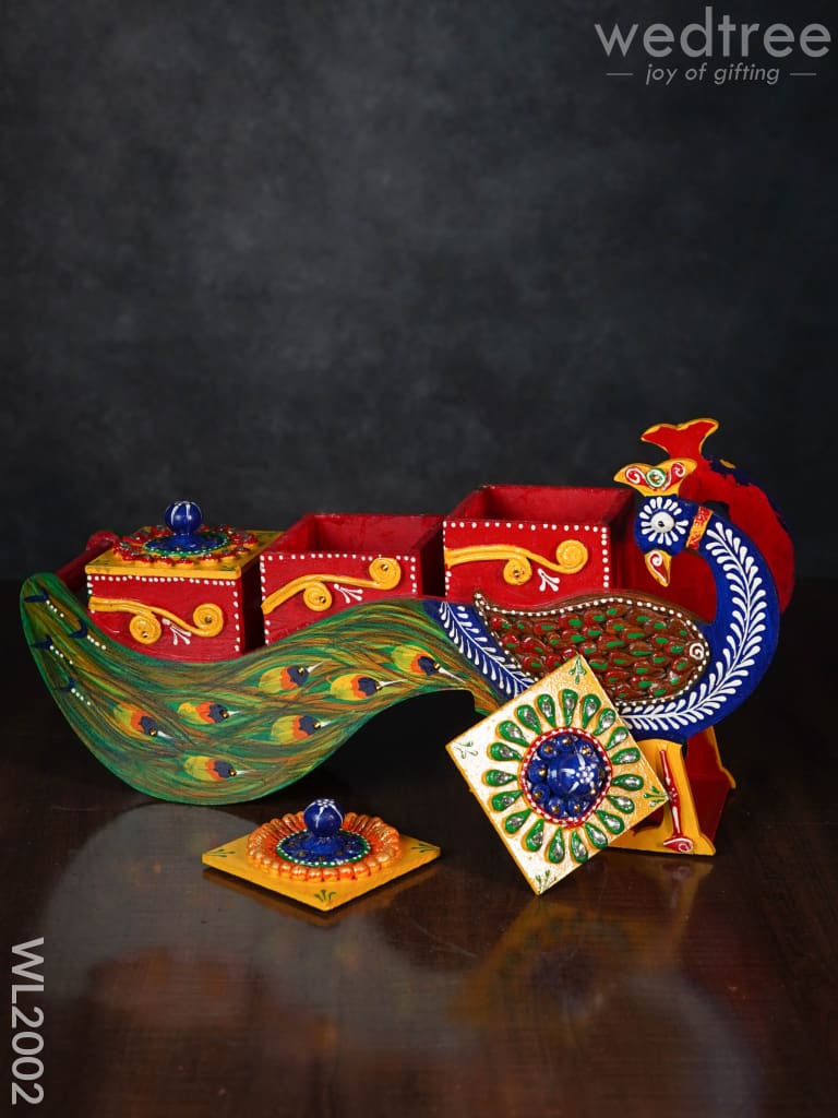 Handpainted 3 Box Organiser - Embossed Stone Work Peacock