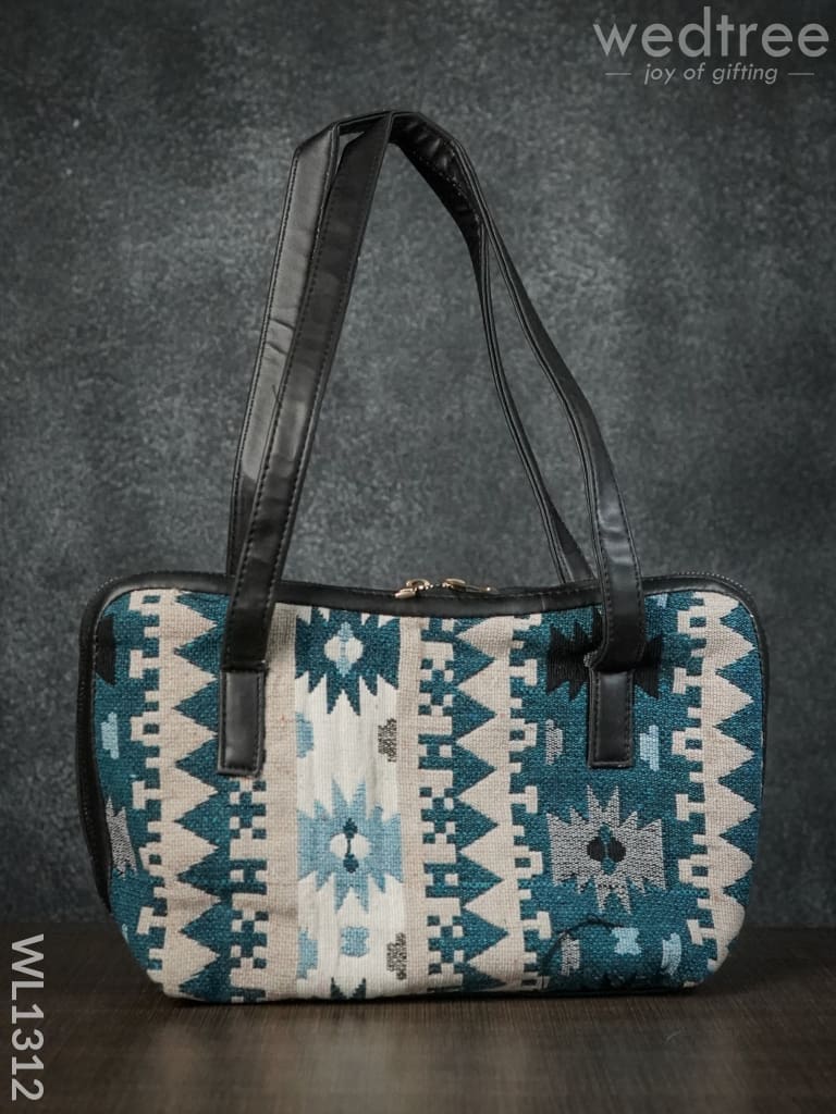 Jacquard Handbag with Blue Aztec Design Double Zipper