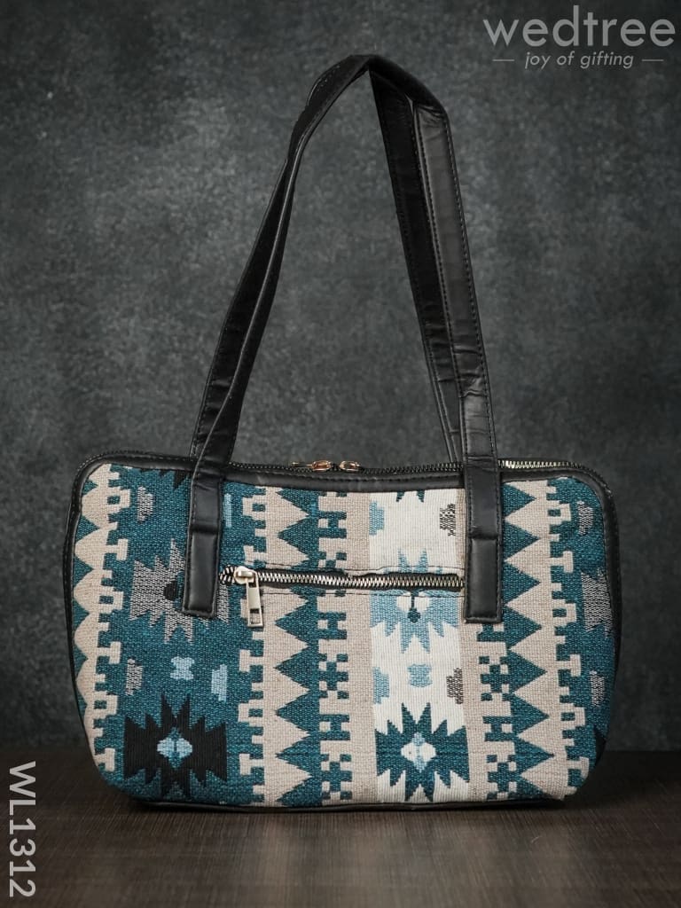 Jacquard Handbag with Blue Aztec Design Double Zipper