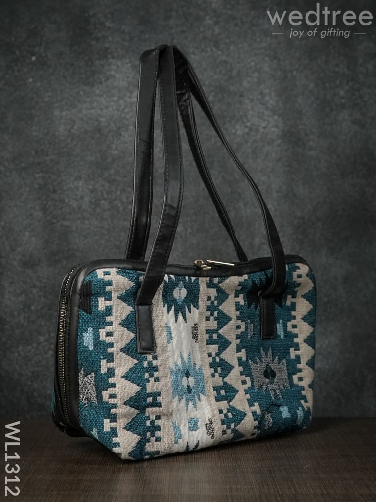 Jacquard Handbag with Blue Aztec Design Double Zipper