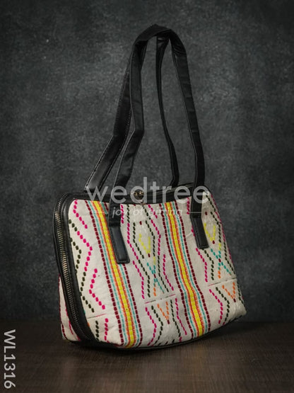 Jacquard  Handbag  with MultiColoured Brick Design Double Zipper