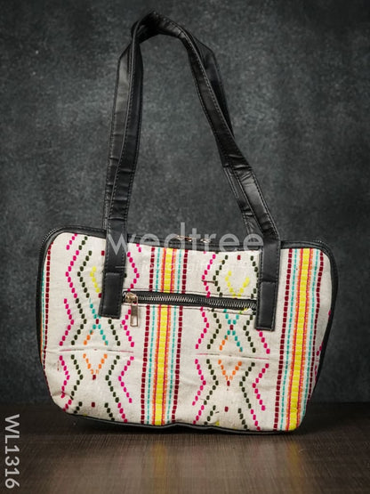 Jacquard  Handbag  with MultiColoured Brick Design Double Zipper