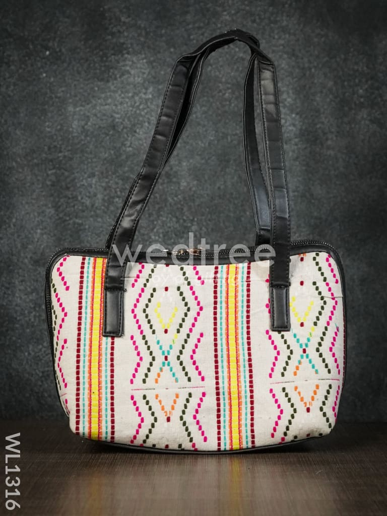 Jacquard  Handbag  with MultiColoured Brick Design Double Zipper