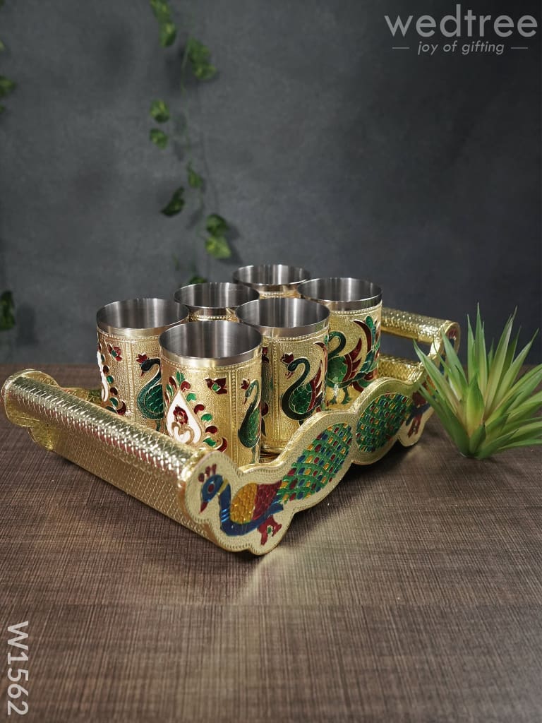 Meenakari Peacock Tray Set with 6 Glass