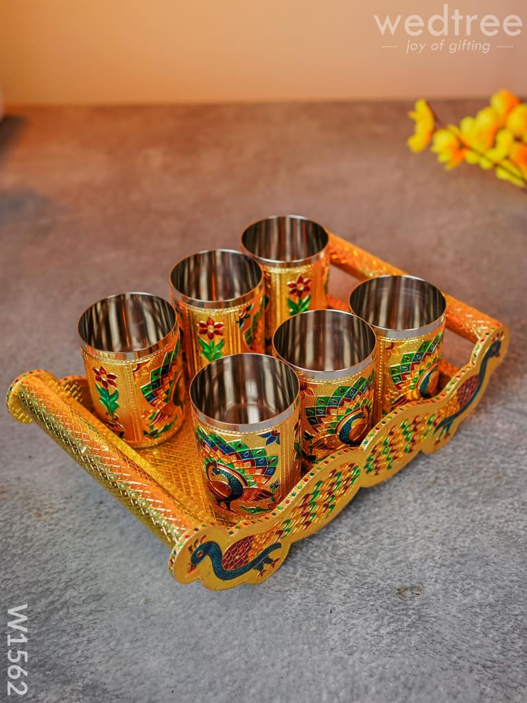 Meenakari Peacock Tray Set with 6 Glass