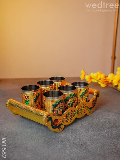 Meenakari Peacock Tray Set with 6 Glass