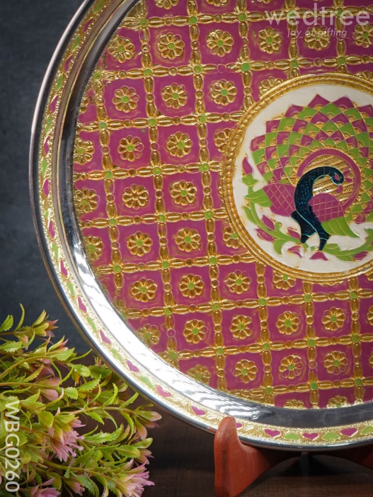 Meenakari Round Plate with Peacock Design - 12Inches