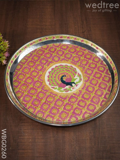 Meenakari Round Plate with Peacock Design - 12Inches