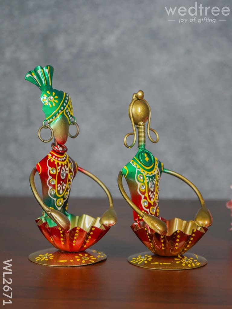 Metal Hand painted Rajasthani Dolls with T Light Holder - Set of 2