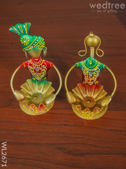 Metal Hand painted Rajasthani Dolls with T Light Holder - Set of 2