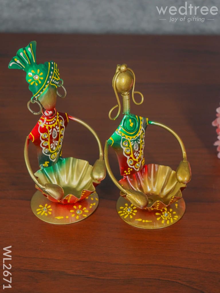 Metal Hand painted Rajasthani Dolls with T Light Holder - Set of 2