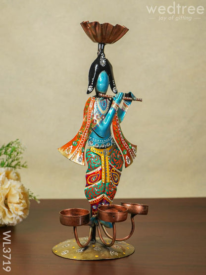 Metal Handpainted Krishna T Light Holder