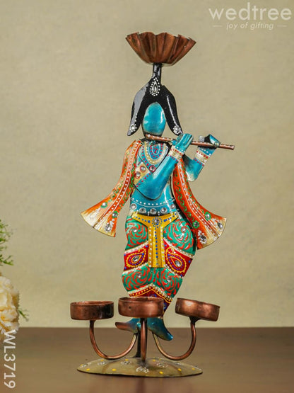 Metal Handpainted Krishna T Light Holder