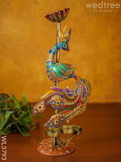 Metal Handpainted Peacock Candle Holder