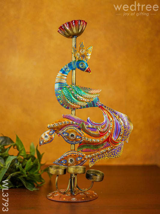 Metal Handpainted Peacock Candle Holder