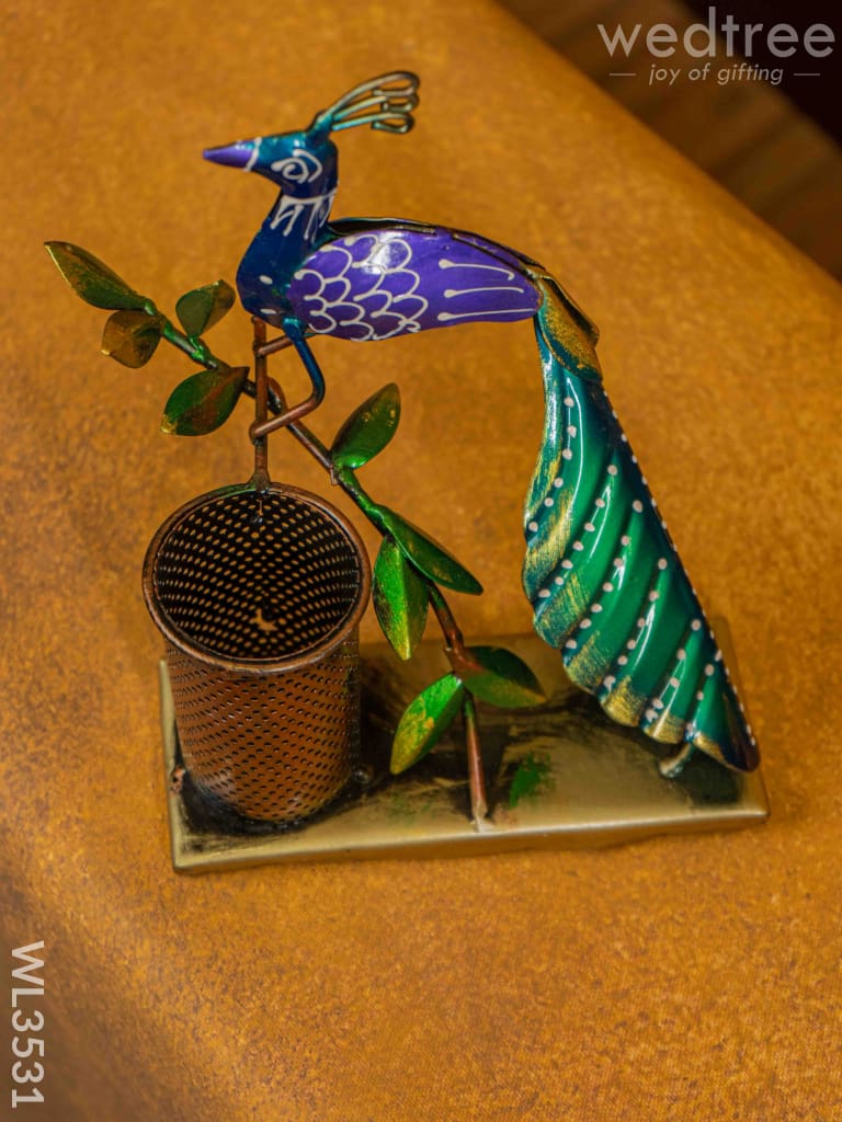 Metal Handpainted Peacock Pen Stand