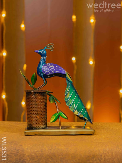 Metal Handpainted Peacock Pen Stand