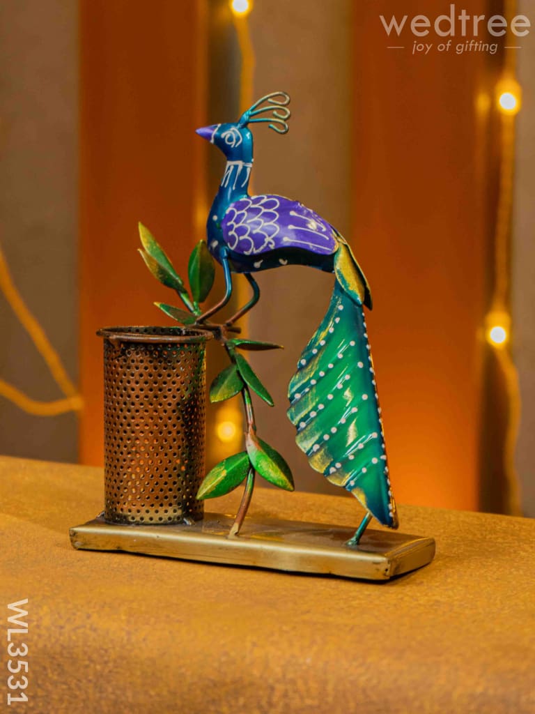 Metal Handpainted Peacock Pen Stand