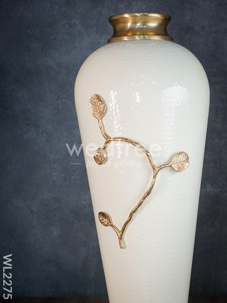 Metal Vase in White with Brass Antique Floral Embossing (29 inch)