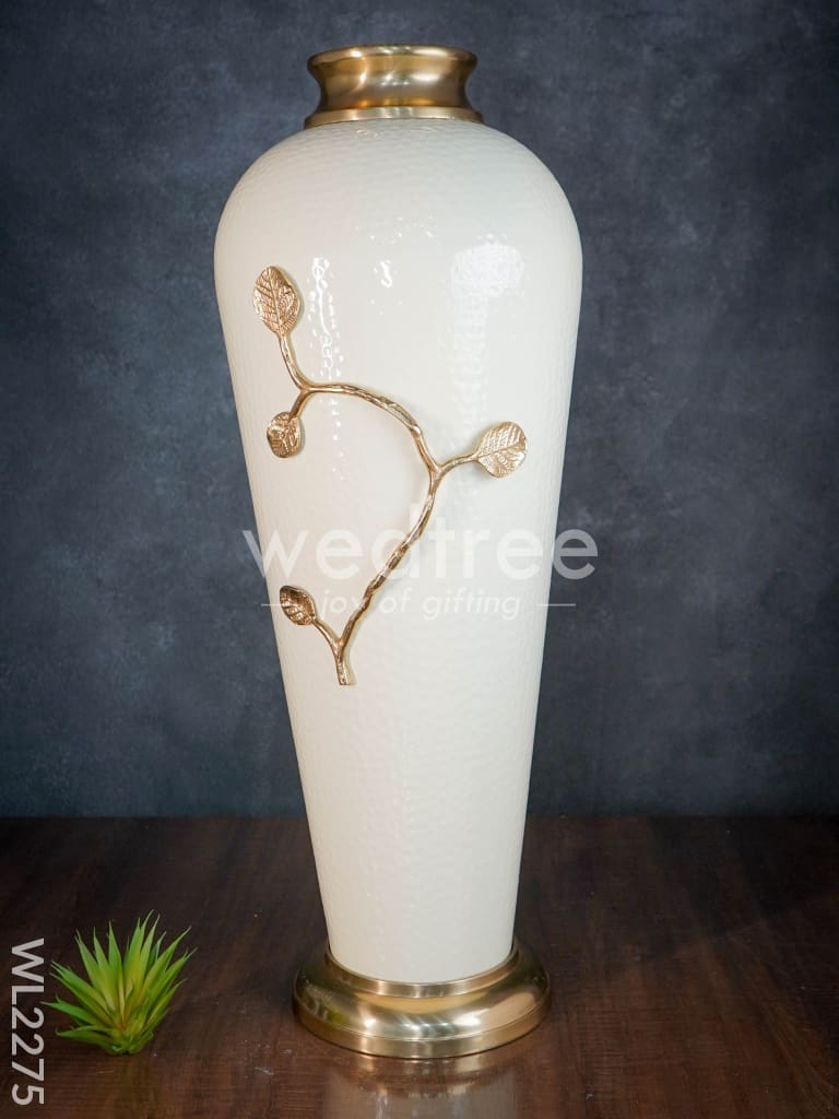 Metal Vase in White with Brass Antique Floral Embossing (29 inch)