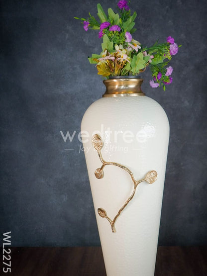 Metal Vase in White with Brass Antique Floral Embossing (29 inch)