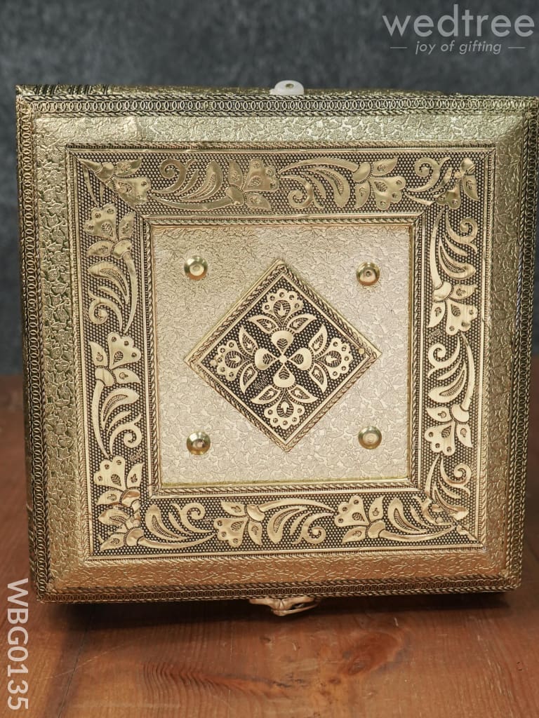 Oxidised Golden Dry Fruit Box with Floral Design - 8x8 Inches