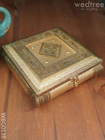 Oxidised Golden Dry Fruit Box with Floral Design - 8x8 Inches