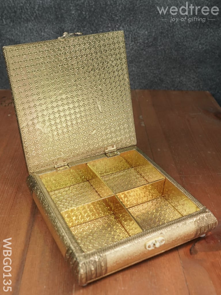 Oxidised Golden Dry Fruit Box with Floral Design - 8x8 Inches