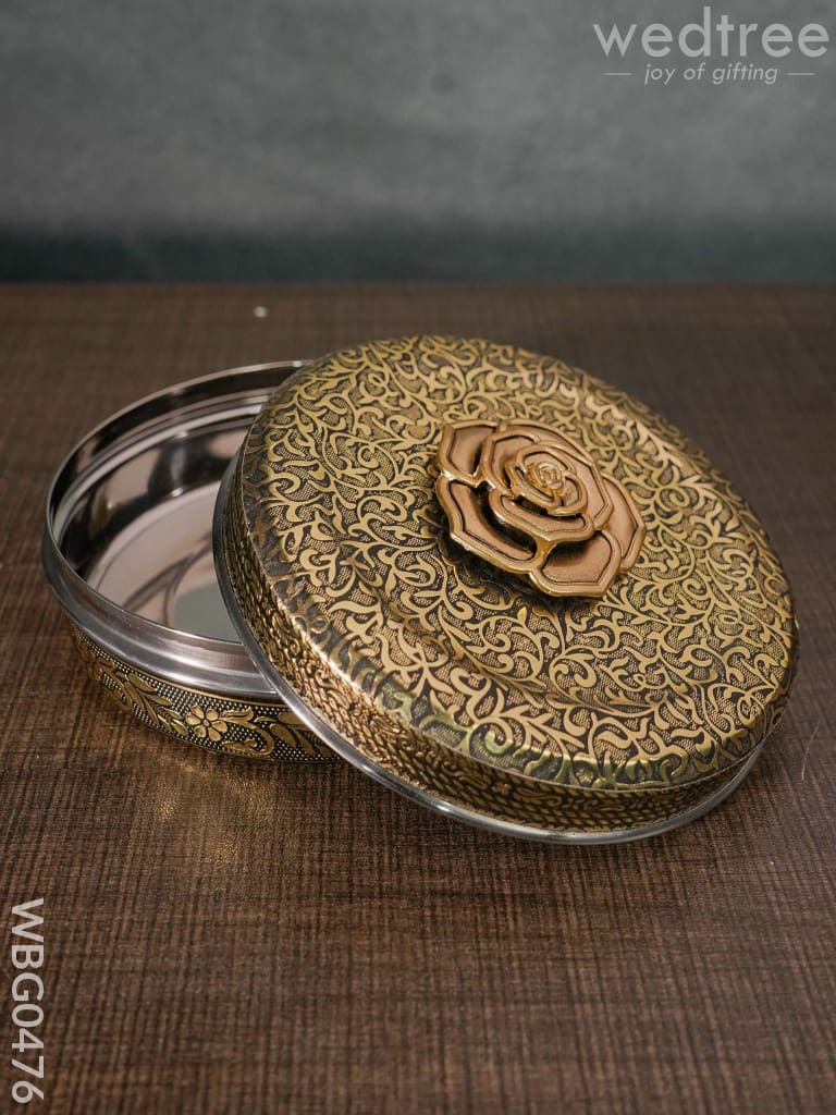 Oxidised Poori Box with Metal Rose - 4.5 Inches