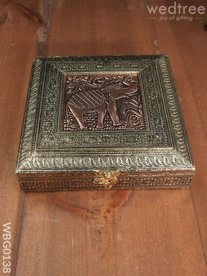 Oxidized Golden and Red Embossed Dry Fruit Box with Elephant and Floral Design - 8X8 Inches