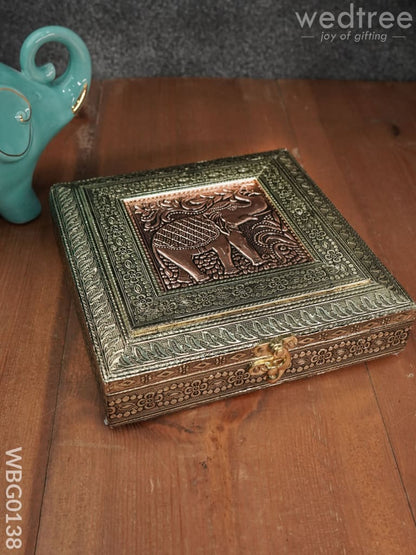 Oxidized Golden and Red Embossed Dry Fruit Box with Elephant and Floral Design - 8X8 Inches